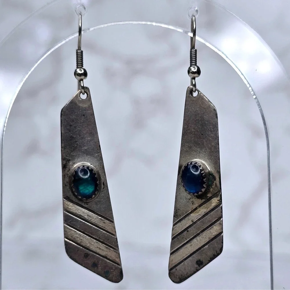 Vintage Gary Custer GSC Navajo Sterling Silver Opal Dangle Earrings Signed 8.3g